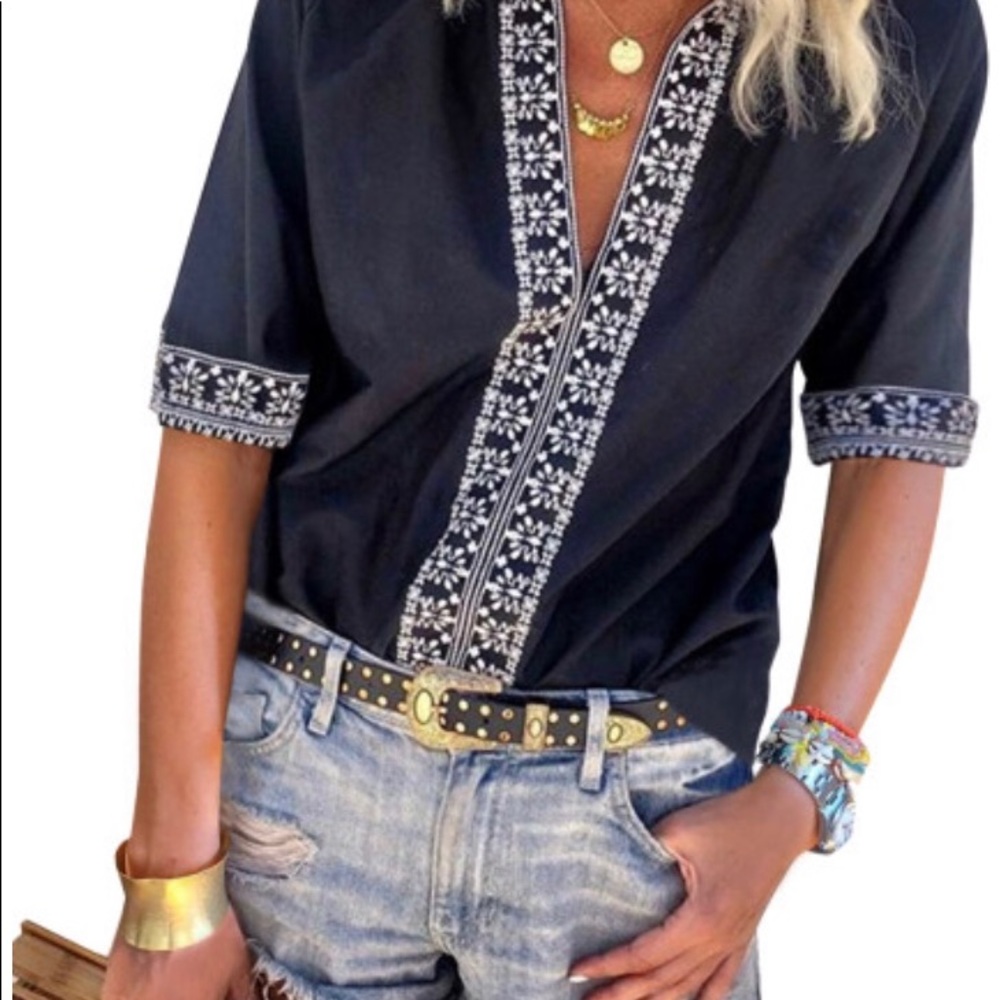 Black Boho V-neckline Blouse